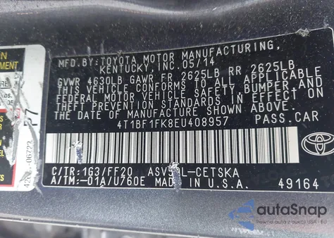 2014 Toyota Camry Se из США, поврежденный, VIN 4T1BF1FK8EU408957